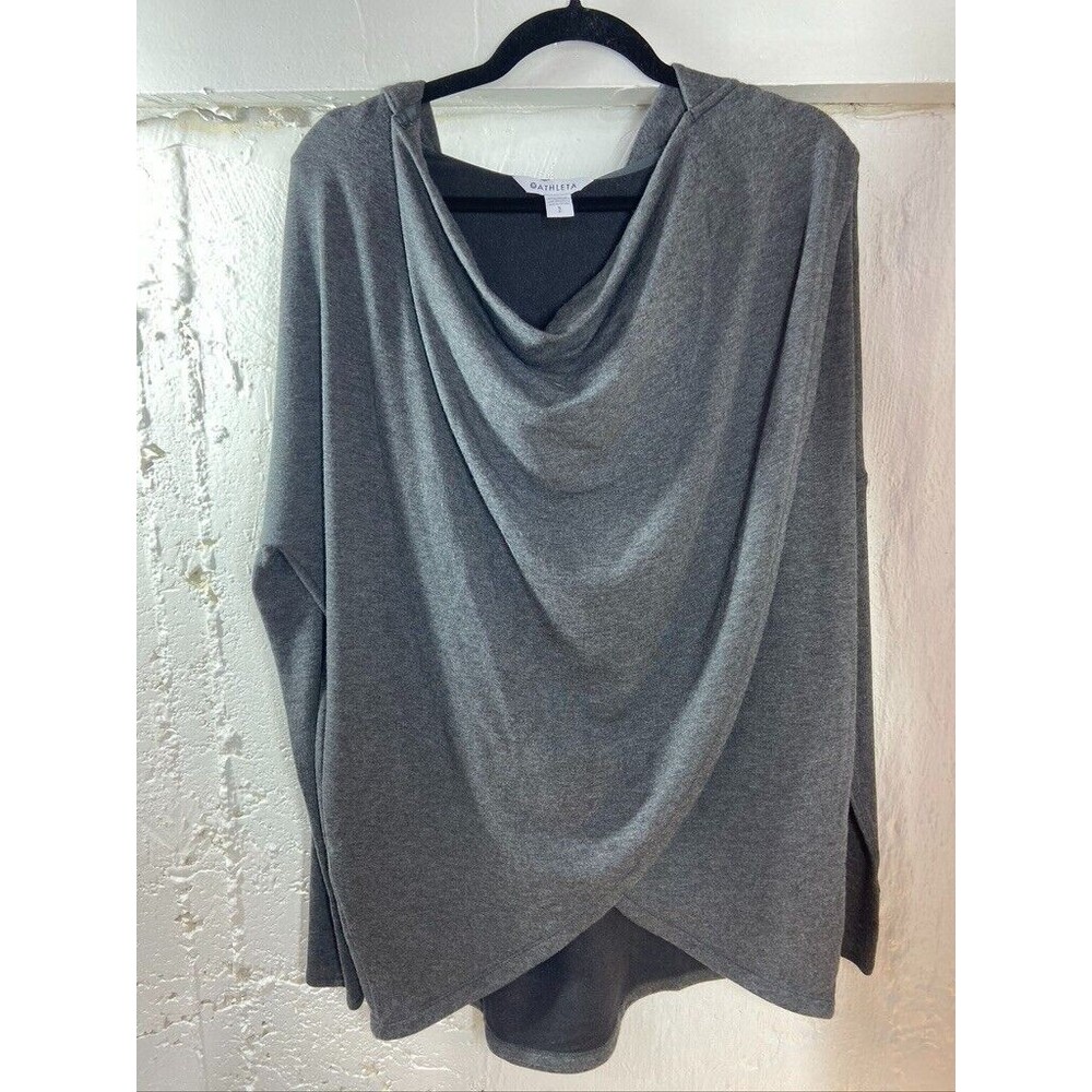 ATHLETA WOMENS SMALL COWL NECK HOODED CROSS OVER FRONT PULLOVER FLEECE GRAY